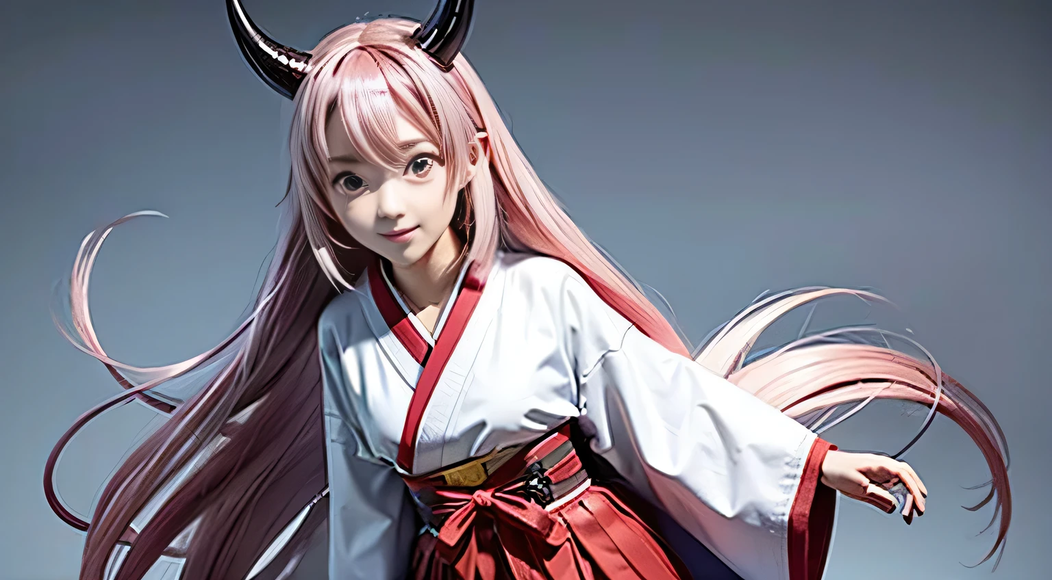Shuna, One girl, Put your arms behind your back, hair ornaments, In the same way, In the same way skirt, horn, kimono, kimono, Long Hair, View your viewers, Shrine maiden, They are, They are horn, Pink Eyes, Pink Hair, Red eyes, red In the same way, Red ribbon, Sleeves edged with ribbon, Ribbon trim, Simple Background, skirt, smile, alone, Are standing, very Long Hair, white background, white, white horn, white shirt, red skirt