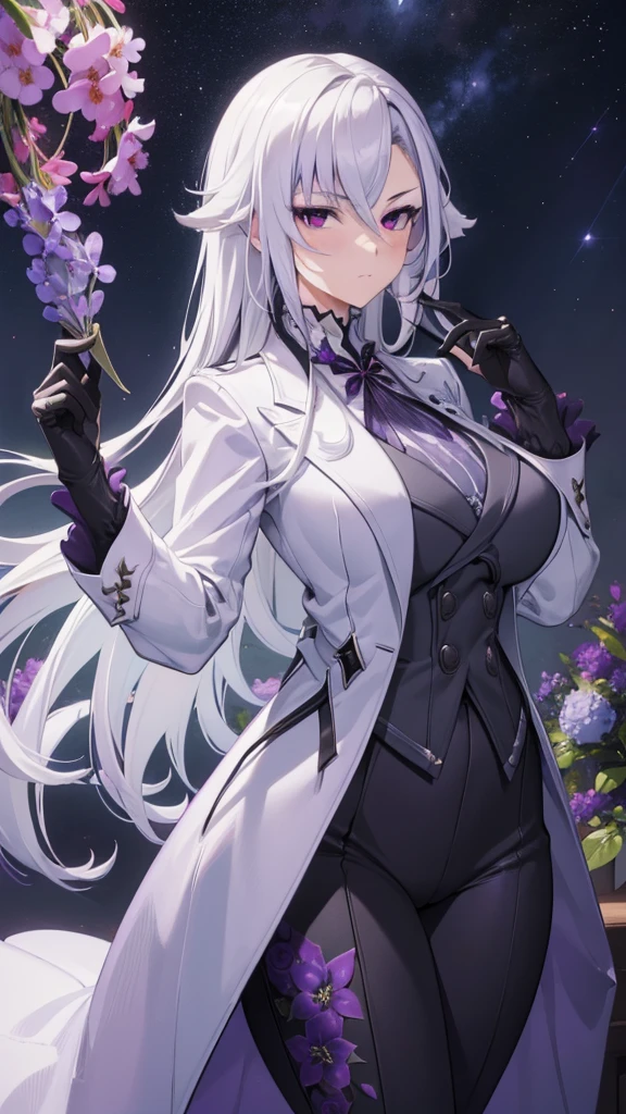 (best quality:1.3), (masterpiece:1.3), (illustration:1.3), (ultra-detailed:1.3), 1girl, solo, ((long hair, white hair, purple eye, purple flower pattern)), (((large breasts))), black pants, white suit, tailcoat, serious expression, tall, mature, elegant, black gloves, purple flowers, looking at viewer, night sky, glowing purple flowers, nice hands, perfect hands, serious expression, tsurime,