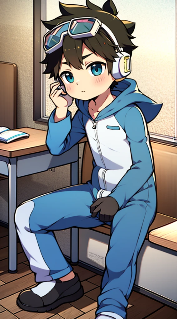 2D Shonen Shota,One-piece mountaineering suit,Put the headphones on your head,permanent,goggles,trumpet,Cow ears,sports shoes,classroom,Zip down your garment