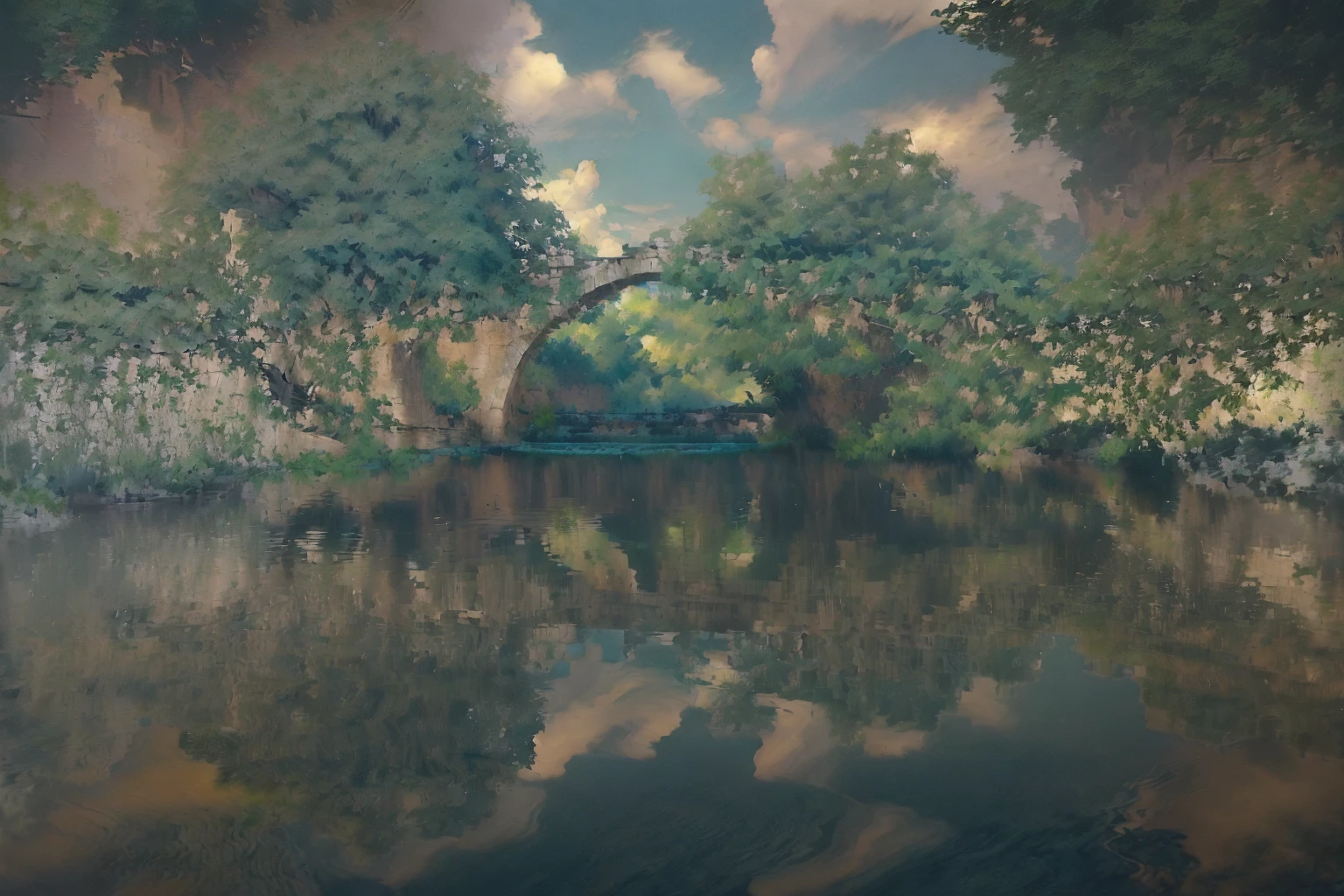 there is a river with a bridge and trees in the background, river with stunning water, reflections on the river, stone bridge, vine bridge silhouette over lake, bridge over the water, old bridge, tied bridge on local river, river with low hanging plants, green grasse trees and river, trip, Reflections in water, Incredibly beautiful, river, bridge