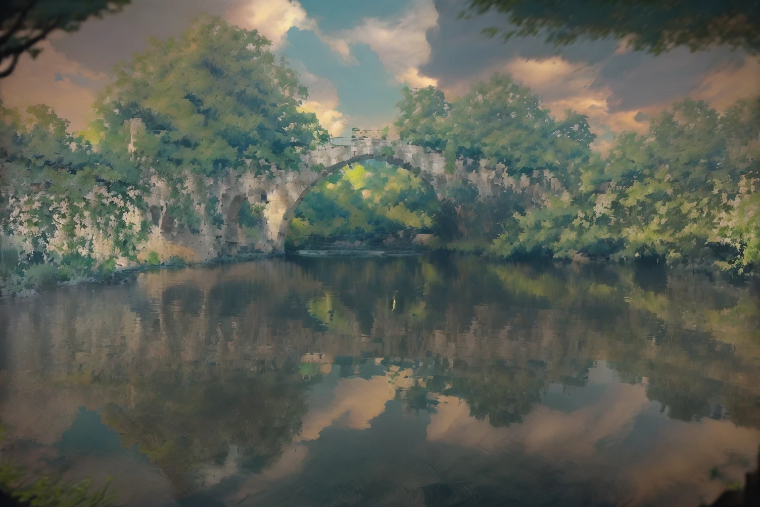 there is a river with a bridge and trees in the background, river with stunning water, reflections on the river, stone bridge, vine bridge silhouette over lake, bridge over the water, old bridge, tied bridge on local river, river with low hanging plants, green grasse trees and river, trip, Reflections in water, Incredibly beautiful, river, bridge