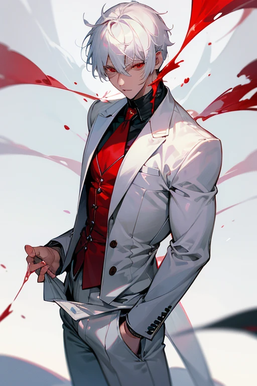 male、White Hair、Short Hair、Red Eye、Cold-blooded man、Handsome、Well-built、Cold Face、Well-formed face、服に滴るsemen、White, sticky love juice、Pants got wet、Overflowing from the crotch、Red stained ears、Looks like he's in pain、male器、、semen