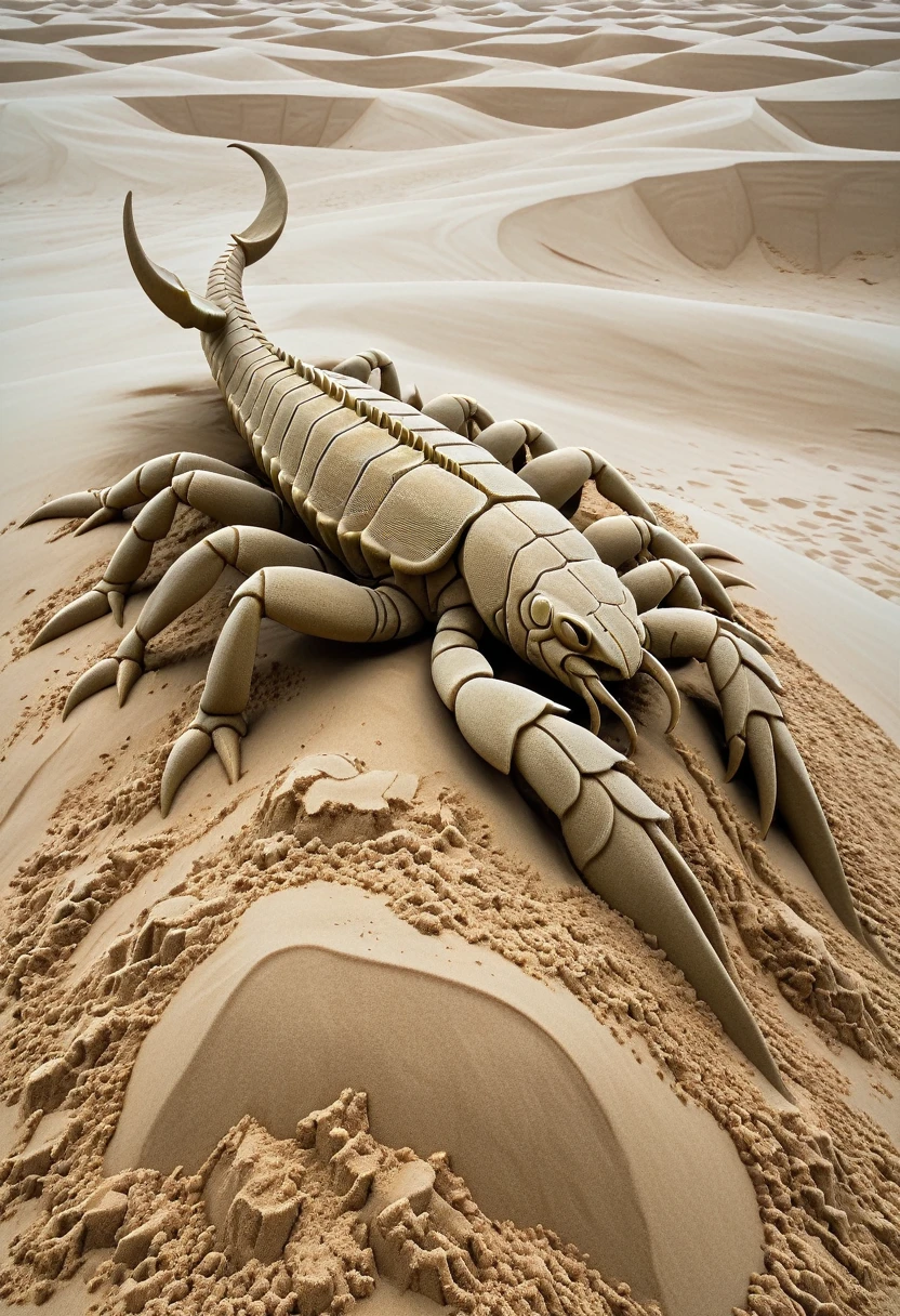 Sand sculpture style, Desert giant scorpion stalks between sand dunes,The claws and tail are unusually thick.,The carapace on its body shines like gold,Its size dwarfs any tent in the desert.,Strong sense of déjà vu。