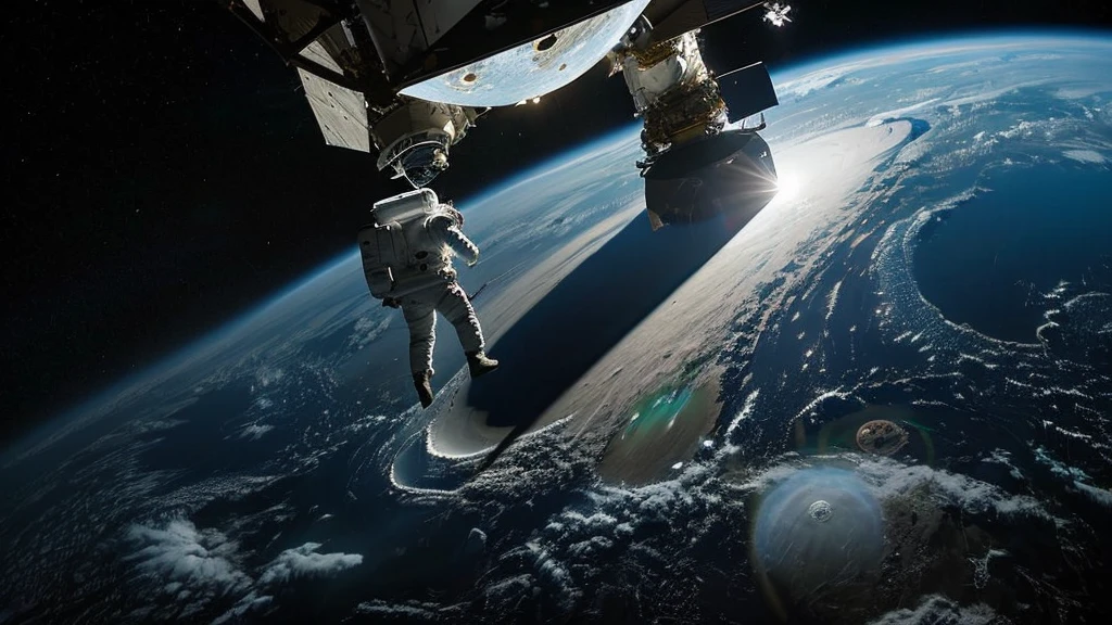 an astronaut on the moon looking at space with a flat shaped earth, like a disk hovering on its side in space