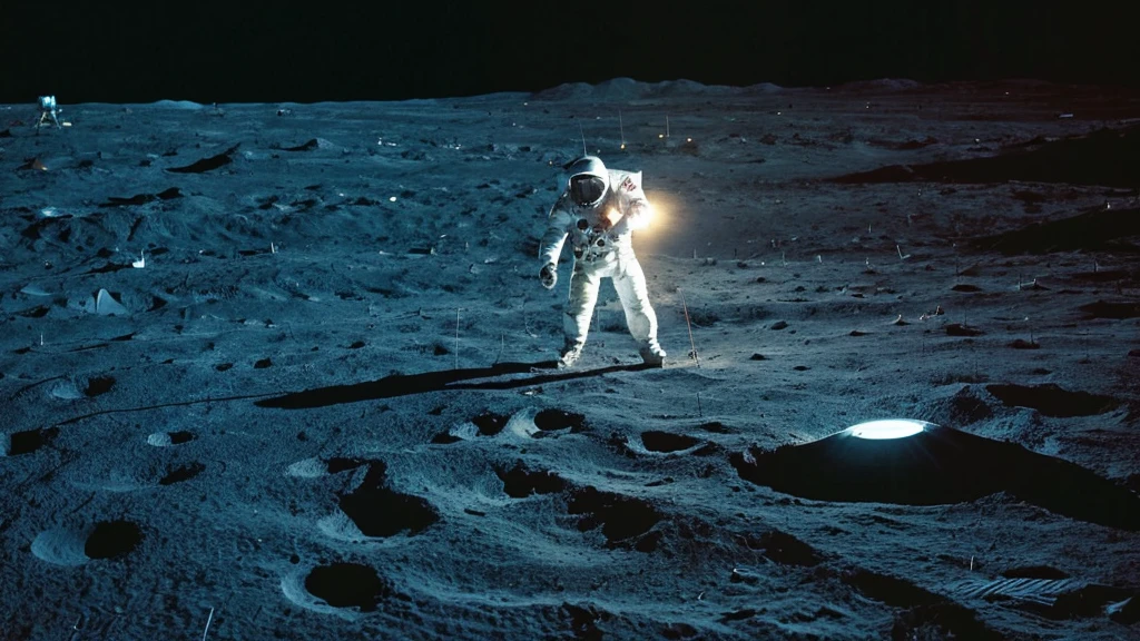 an astronaut on the moon looking at space with a flat shaped earth, like a disk hovering on its side in space