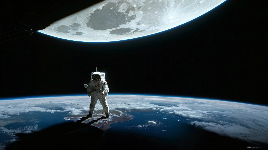 an astronaut on the moon looking at space with a flat shaped earth, like a disk hovering on its side in space
