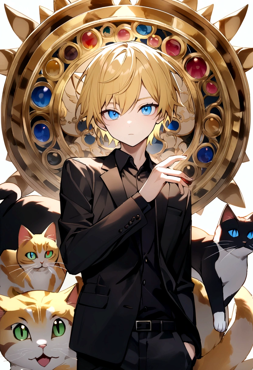 (Highest quality)(1 age male,single,golden hair,blue eyes ,Black suit shirt,Turn to look at the viewer,with guardian cat)