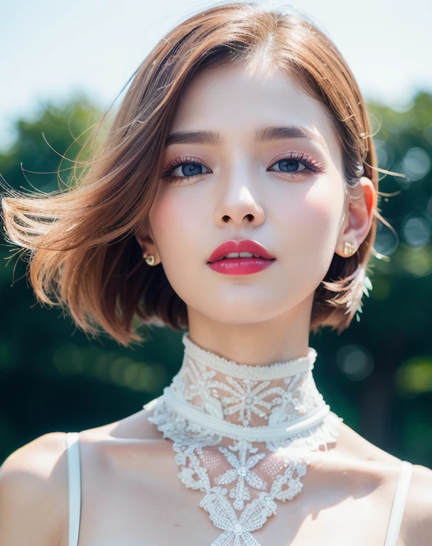 1 girl, Korean model, extremely beautiful, perfect body. Photo taken with Canon EOS R5 85mm f/11 Camera, ((sharp)) mode of people and surrounding scenery. Image quality ((8K)), ((lifelike)), ((masterpiece)), ((sharp and highest contrast)), ((great depth of field)), ((light stereolithography)). ((Cosplay pink hair)), long and smooth, the wind blows it beautifully under the bright sunlight. Beautiful face, perfect and sexy, holy, perfectly balanced, ((beautiful in every detail)), ((shiny)), ((high-end cosmetic makeup)), ((shiny bright, radiant)). Bright smile, pure white teeth and details. Seductive glossy red lips, ((brilliant glossy red lipstick)). The eyes are brown, glossy, seductive, ((sharp makeup)), realistic, ((wet eyes)) and detailed. Pink eyeshadow, long eyelashes, blush, high-end cosmetics. Two delicate eyelids, perfectly beautiful and detailed, black eyelashes. Eyebrows are curved, sparse, sharp and detailed. High and detailed nose. Cheeks are prominent and detailed. ((Ivory white, bright white skin)), detailed pores, ((shiny skin)), smooth, rosy, flawless skin texture. Long, shiny legs. Beautiful, perfect hands, ((no flaws)). ((Light shines directly on the face)), bright sunlight, ((shines light on the front part of the girl's body)). Wear earrings, necklaces, belts, ((shirts)), ((office dresses)), high heels, bracelets. Close-up photo of Girl on a deserted street, ((white snow)), cold wind, frost, bitter cold, numbness, ((frozen)), snowflakes, lonely, magical, dreamy, wait, ((hope)), ((mystical)).