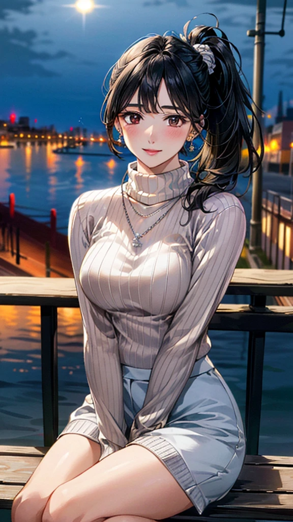 (masterpiece:1.3, Highest quality, Ultra-high resolution, Super detailed), (Realistic, photoRealistic:1.4), Beautiful illustrations, Perfect lighting, colorful, Depth of written boundary, Beautiful detailed hair, Beautifully detailed face, Beautiful fine details, Droopy eyes、Beautiful clavicle, Beautiful body, 美しいLarge Breasts, Beautiful thighs, Beautiful feet, Beautiful fingers, View Viewer、Front view:0.6, Beauty1人, Japanese, Beauty、30 years old, Perfect Face, (Perfect Anatomy, Anatomically correct), Cute and symmetrical face, Baby Face, , Shiny skin, (Bordeaux cable knit turtleneck sweater:1.4) 、(Skirt 1.2),(Black Hair, Side Ponytail:1.4), braided bangs、Dark brown eyes, Large Breasts, Slim body, necklace, Small earrings:1.1, (Beautiful views), (night), (city, cityscape in the distance), Riverside、Sitting on a bench, A soft smile、(Smile, Lips parted),
