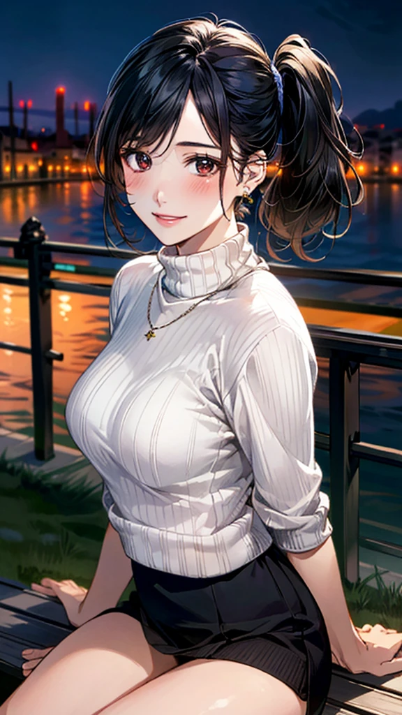 (masterpiece:1.3, Highest quality, Ultra-high resolution, Super detailed), (Realistic, photoRealistic:1.4), Beautiful illustrations, Perfect lighting, colorful, Depth of written boundary, Beautiful detailed hair, Beautifully detailed face, Beautiful fine details, Droopy eyes、Beautiful clavicle, Beautiful body, 美しいLarge Breasts, Beautiful thighs, Beautiful feet, Beautiful fingers, View Viewer、Front view:0.6, Beauty1人, Japanese, Beauty、30 years old, Perfect Face, (Perfect Anatomy, Anatomically correct), Cute and symmetrical face, Baby Face, , Shiny skin, (Bordeaux cable knit turtleneck sweater:1.4) 、(Skirt 1.2),(Black Hair, Side Ponytail:1.4), braided bangs、Dark brown eyes, Large Breasts, Slim body, necklace, Small earrings:1.1, (Beautiful views), (night), (city, cityscape in the distance), Riverside、Sitting on a bench, A soft smile、(Smile, Lips parted),