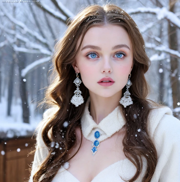 Beautiful girl - Lily Rose Depp, blue eyes, long curly white hair witg, detailed facial traits, beautiful earrings, national turkic female dress, naked breasts, yurta behind, it's snowing, sexy pose