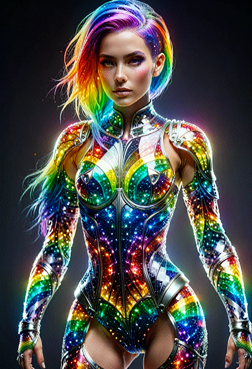 surreal photography of a stunning beautiful rainbow female, rainbow hair, medium breast, (beauty and detailed armor), delicate white filigree, intricate filigree, glowing, highly detailed, intricate detailed, face symmetry, full body, masterpiece, award_winning, sharp focus, concept art, low key, 8k, uhd, octane render