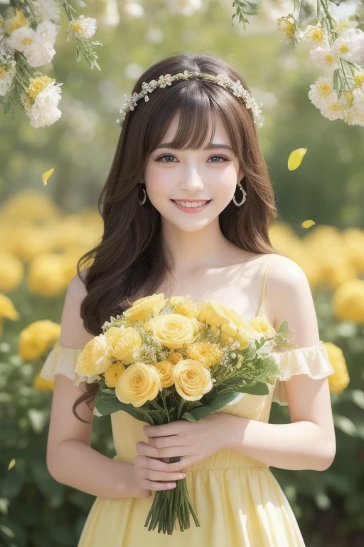 Beautiful girl holding a pale color big bouquet,presenting a bouquet to the viewer,long eyelushes,big eyes,a lot of flower petals are dancing in te air,one color background,pale yellow dress, straight bangs,((big smile)),((happy smile)), looking at the viewer,many shining crystals are at wall, happy mood,shining, realistic, super detailed,16k,masterpiece,high quality,crystals are on the flowers,casual hair accessories,shining background,celebrating,enamel quilting background,