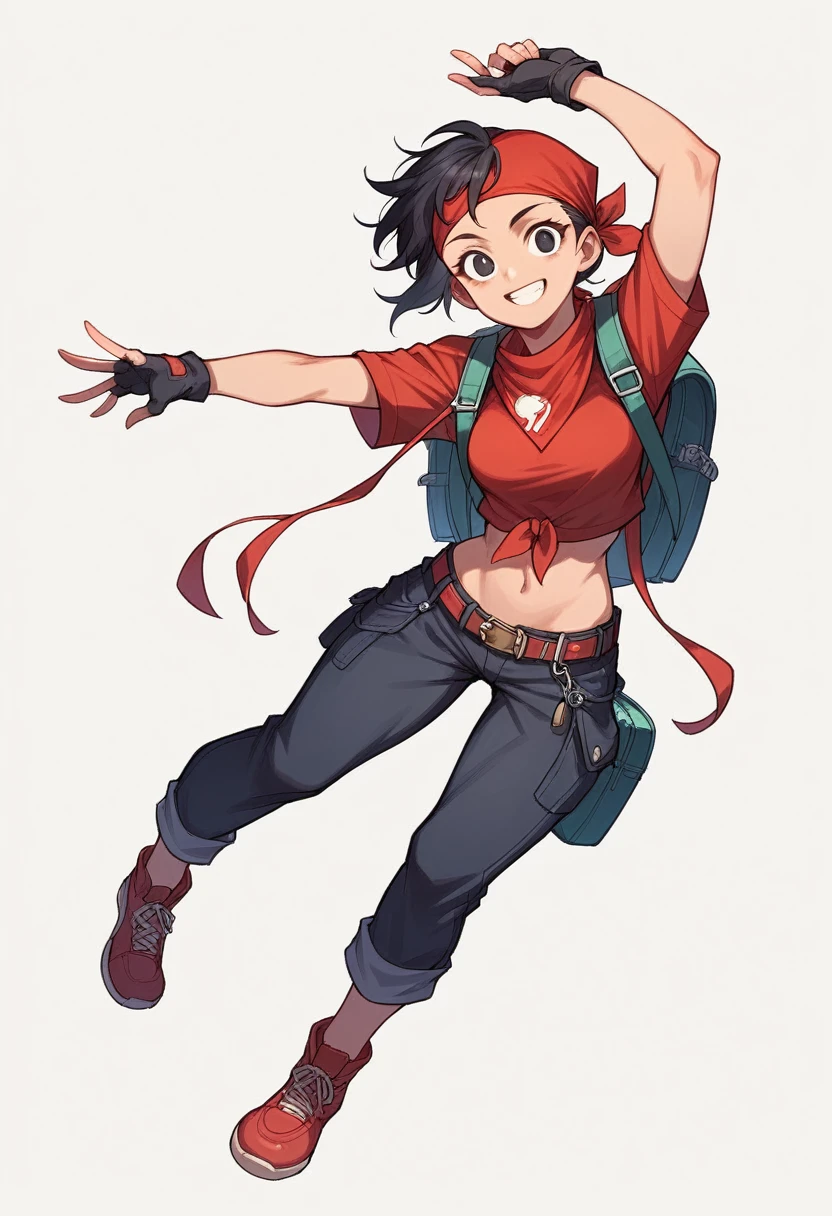 the girl is posing with her arms up, 1girl, solo, bandana, gloves, black hair, backpack, navel, smile, fingerless gloves, red shirt, white background, simple background, shirt, midriff, full body, black eyes, looking at viewer
