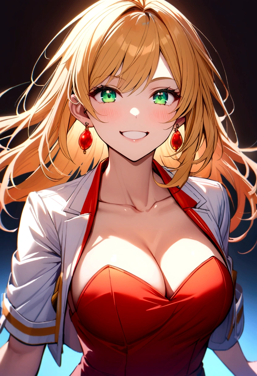 long orange blonde hair, green eyes, red strapless dress with low neckline, white cropped jacket with a hint of blue, red earrings, energetic smile, teacher