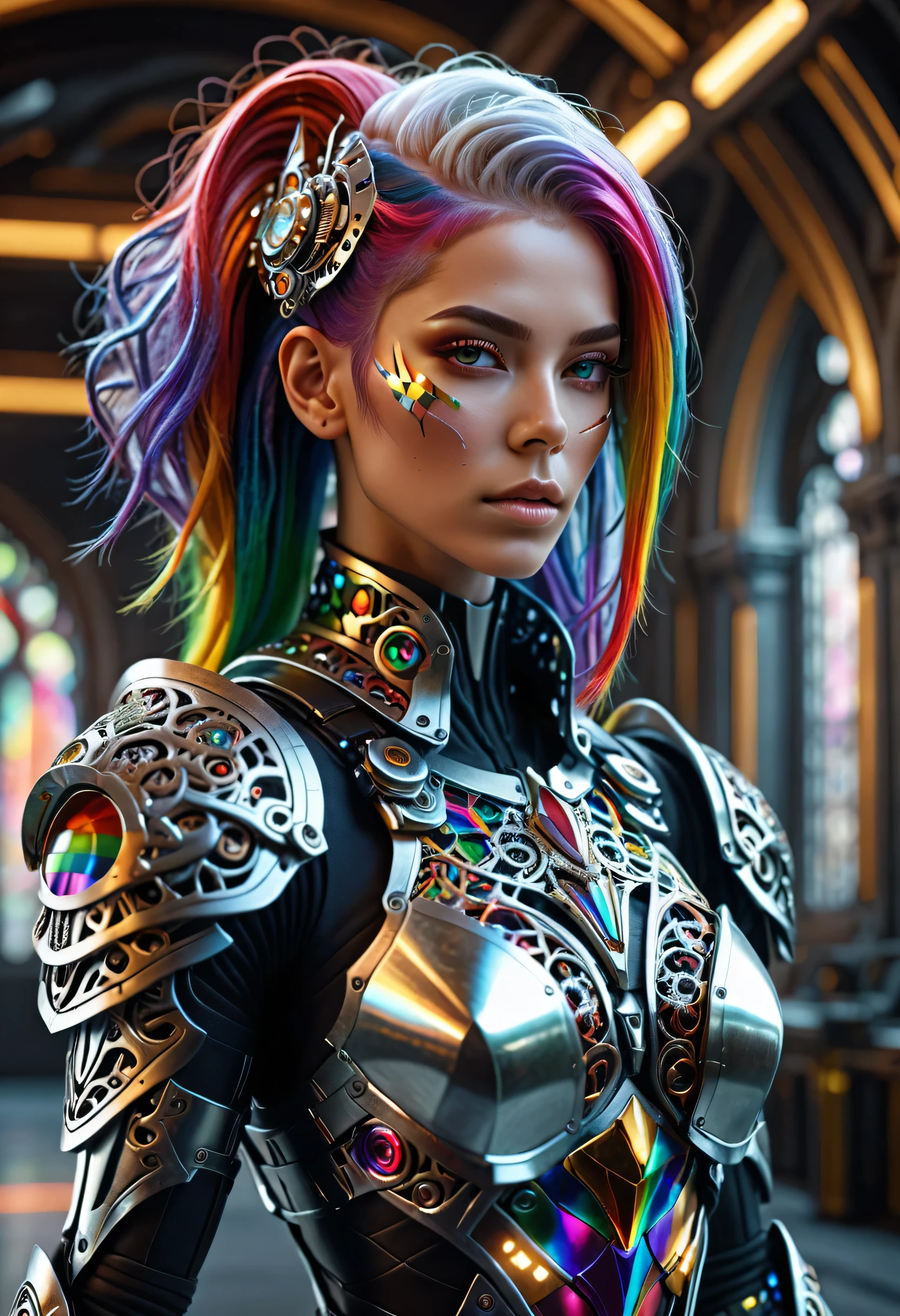 surreal photography of a stunning beautiful cyborg female, rainbow hair, huge breast, (beauty and detailed armor),  delicate white filigree, intricate filigree, glowing, highly detailed, intricate detailed, face symmetry, masterpiece, award_winning, sharp focus, concept art, low key, 8k, uhd, octane render