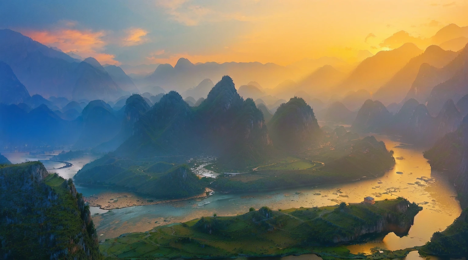 arafed view of a river and Mountains with a sunset, Chinese scenery, Karst, Stunning scenery, Dreamy Chinatown, Stunning scenery, Mountain, “ aerial view of a Mountain, East, Karst ; Wide-angle lens, Beautiful scenery, Dramatic Landscape, Morning Light, Beautiful scenery, Night settings, Magnificent natural scenery, Mountains and rivers, riverside