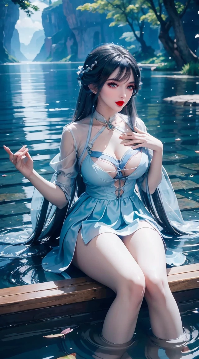 Sitting by a lake full of lotus flowers, her feet playing in the water, the art depicts a charming woman with a melon face, dressed in a flowing, silky traditional oriental dress, long, aqua blue, decorated with intricate patterns and bright colors. Her dress drapes elegantly over her curvy figure, accentuating her seductive silhouette. She sits gracefully by the tranquil lotus lake, her feet playing in the water, bathed in the soft glow of the moonlight. The scene exudes an ethereal and dreamy atmosphere, with a touch of mystery and sexiness. The graphic style blends watercolor and digital illustration techniques to evoke a refined beauty and charm. The lights are filled with soft moonlight, casting soft highlights and shadows on her charming features. Bare thighs, big breasts, three-dimensional facial features, sitting, upturned legs, side braids,