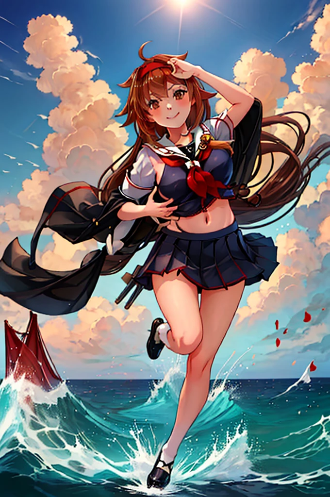 highest quality, masterpiece, High resolution, 1 girl, shiratsuyu (kancolle)(Bai Lu Kai Er　Fleet Collection:1.15), brown hair, brown eyes,  smile, slender body, full body figure,red headband, (((black sailor suit))),pleated skirt, 