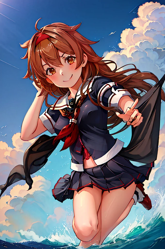 highest quality, masterpiece, High resolution, 1 girl, shiratsuyu (kancolle)(Bai Lu Kai Er　Fleet Collection:1.15), brown hair, brown eyes,  smile, slender body, full body figure,red headband, (((black sailor suit))), pleated skirt, 