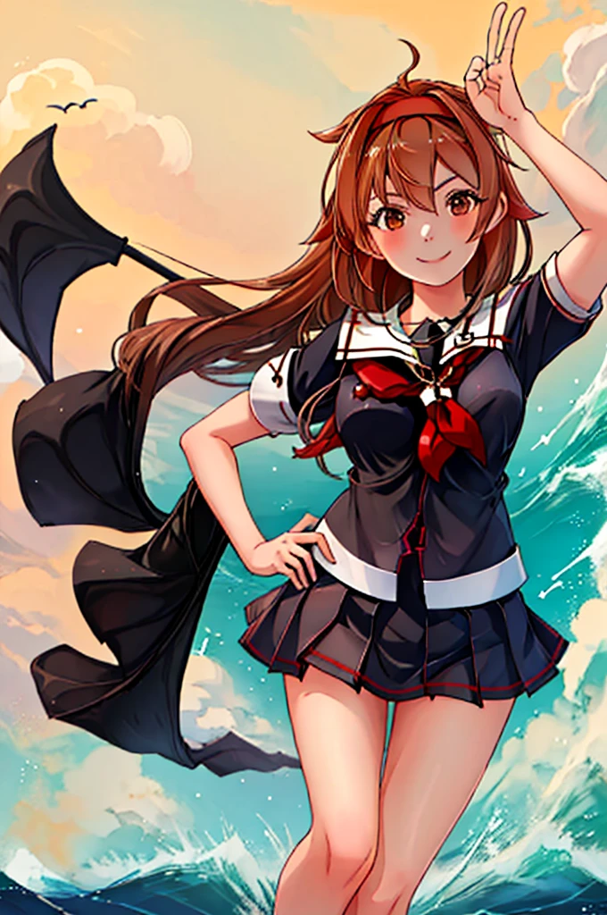 highest quality, masterpiece, High resolution, 1 girl, shiratsuyu (kancolle)(Bai Lu Kai Er　Fleet Collection:1.15), brown hair, brown eyes,  smile, slender body, full body figure,red headband, (((black sailor suit))), pleated skirt, 