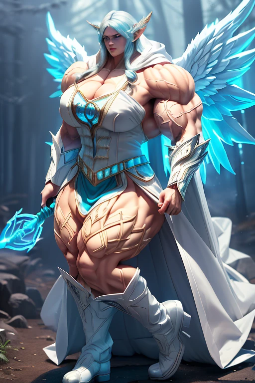 ((((Massive, tall, beautiful, buff, muscular pale white skinned woman mage with cyan hair, huge angel wings, ginormous bulky muscles, holding a cyan mage staff and wearing a beautiful hooded white enchanted robe with long long skirt)))), (close-up view), vascular, massive muscle, massive biceps, hyper muscle shoulders, hyper muscle triceps, (short hair), purple eyes, (wearing a long extremely intricate robes, long magical robes), (white mage boots), smirk, white gauntlets, (in a misty foggy forest), evening, Vascular arms, hyper vascular arm, hyper muscles arms, hyper muscle legs, massive arms.