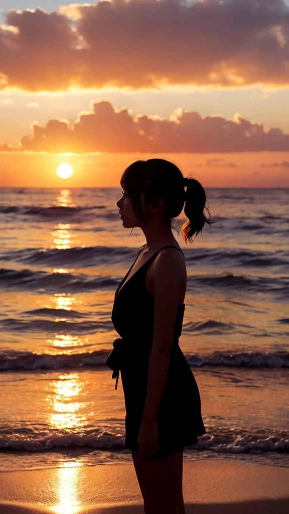 Silhouette of a Japanese girl in her twenties with the sunset in the background at the beach