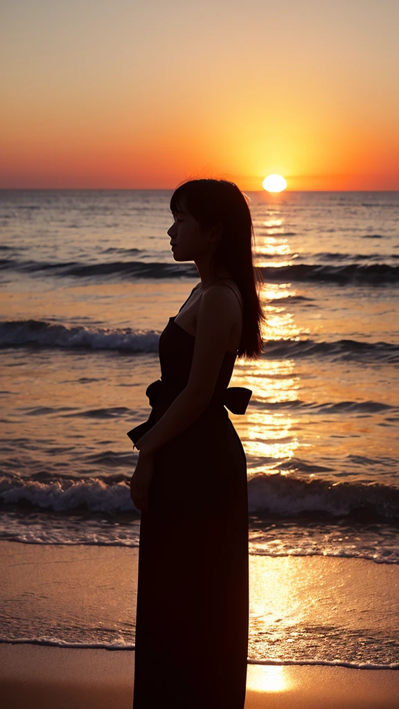 Silhouette of a Japanese girl in her twenties with the sunset in the background at the beach