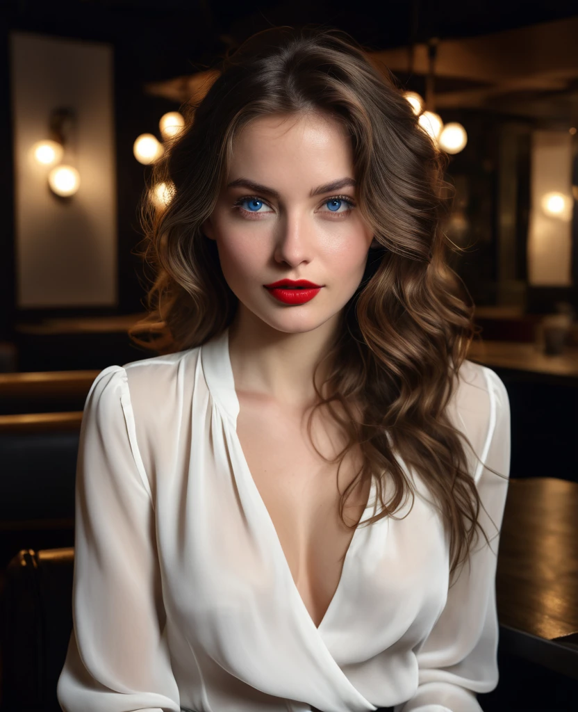 Beautiful French woman, long wavy brown hair, wearing a white silk blouse, large cleavage, front view sitting inside a modern restaurant, very detailed, 27 years old, natural wave hair, high-res, masterpiece, best quality, intricate details, highly detailed, sharp focus, detailed skin, realistic skin texture, texture, detailed blue eyes, lipstick, professional, 4k, perfect fit body, extremely detailed, photo_\(ultra\), photorealistic, realistic, post-processing, maximum detail, roughness, real life, ultra realistic, photorealism, photography, 8k uhd, photography (grain of film) medium shot for closeup shot atmospheric dark lighting