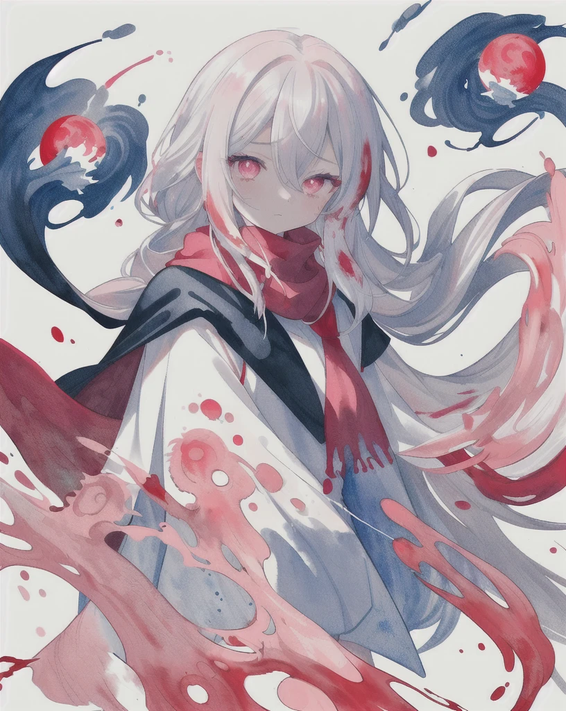 1 Girl,(蓝Long hair)),Red and blue pupils,radish,Long hair,(loose Long hair),((White cape)),Pink scarf,Cold eyes,The face is firm,Red moon in the sky,Blue petals fall,Upper Body,Strong shadows,Ash,fire,ice,((Ink wAsh painting)),((ink splAshing)),((color splAshing)),