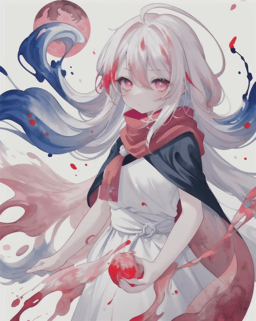 1 Girl,(蓝Long hair)),Red and blue pupils,radish,Long hair,(loose Long hair),((White cape)),Pink scarf,Cold eyes,The face is firm,Red moon in the sky,Blue petals fall,Upper Body,Strong shadows,Ash,fire,ice,((Ink wAsh painting)),((ink splAshing)),((color splAshing)),