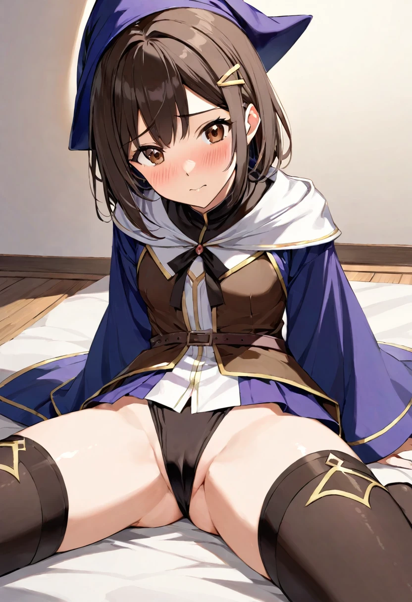 (Ellen 18-years-old, short dark layered hair, Brown-eyed, small breast:1.0), hair clips
Mage outfit, spread legs, sitting, embarrassed, groin ,