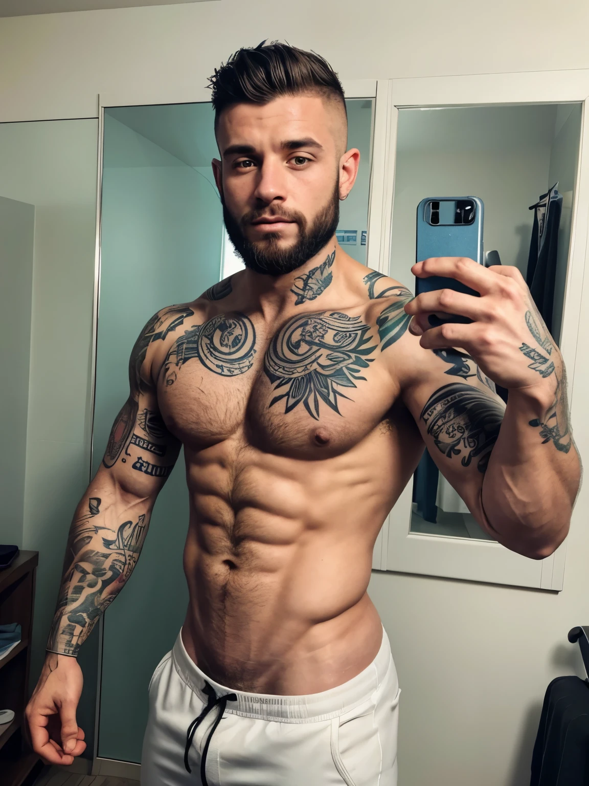 arafed man with tattoos taking a selfie in a mirror, muscular body tattooed, with tattoos, tattooed man, inked, mid-shot of a hunky, tattooed body, hairy chest and hairy body, shirtless biden with tatoos, 2 , fully tattooed body, shirtless, artem, tattoos all over the skin