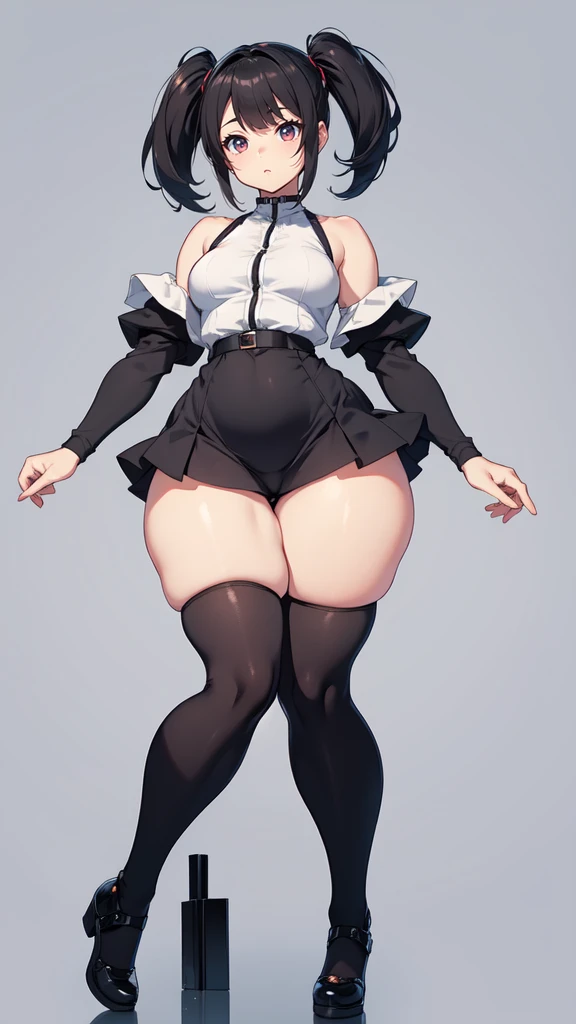 blank background, (((full body))), (masterpiece), ((best quality)), (very short girl), flat chest, short twintail, (wide hips:1.4), (thick thighs:1.4), (very short skirt), toeless footwear