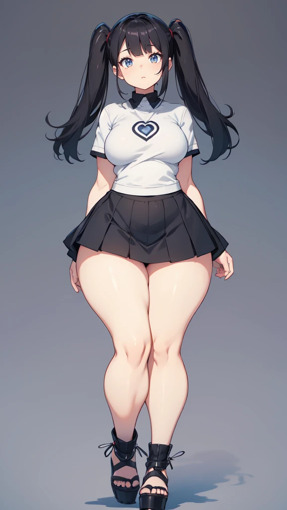 blank background, (((full body))), (masterpiece), ((best quality)), (very short girl), flat chest, short twintail, (wide hips:1.4), (thick thighs:1.4), (very short skirt), toeless footwear