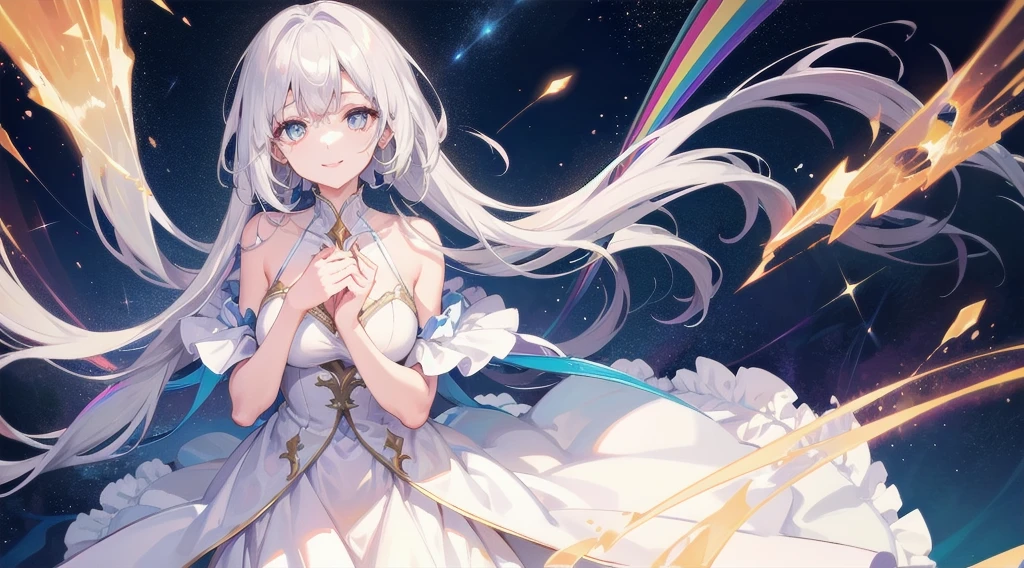 1girl, beautiful eye, smile, rainbow prism effect, white, radiant happiness, loose flowing white hair, gem-like sparkling eyes, elegant dress, reflective details catching prism lights, looking up towards the stars, starry sky, circular meteor streaks,