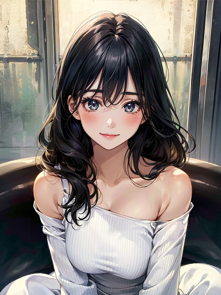 (masterpiece:1.3, Highest quality, Ultra-high resolution, Super detailed), (Realistic, photoRealistic:1.4), Beautiful illustrations, Perfect lighting, Natural light, colorful, Depth of written boundary, , Beautiful detailed hair, Beautifully detailed face, Beautiful attention to detail, Beautiful clavicle, Beautiful body, Beautiful breasts, Beautiful thighs, Beautiful feet, Beautiful fingers, View your viewers, 1 Girl, Japanese, high School girl, (Perfect Anatomy, Anatomically correct), Cute and symmetrical face, Baby Face, Perfect Face, Perfect Eyes, Shiny skin, thin, (Long Hair:1.7, Wavy Hair:0.8,Black Hair), Hair between the eyes, Long eyelashes, (Large Breasts:0.8, Captivating thighs), ((Long sleeve white knit dress, Black tube top)), (Beautiful views), summer, evening, (School), (Cute smile, Upward glance),