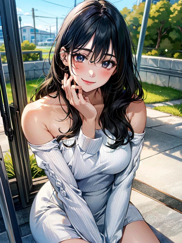 (masterpiece:1.3, Highest quality, Ultra-high resolution, Super detailed), (Realistic, photoRealistic:1.4), Beautiful illustrations, Perfect lighting, Natural light, colorful, Depth of written boundary, , Beautiful detailed hair, Beautifully detailed face, Beautiful attention to detail, Beautiful clavicle, Beautiful body, Beautiful breasts, Beautiful thighs, Beautiful feet, Beautiful fingers, View your viewers, 1 Girl, Japanese, high School girl, (Perfect Anatomy, Anatomically correct), Cute and symmetrical face, Baby Face, Perfect Face, Perfect Eyes, Shiny skin, thin, (Long Hair:1.7, Wavy Hair:0.8,Black Hair), Hair between the eyes, Long eyelashes, (Large Breasts:0.8, Captivating thighs), ((Long sleeve white knit dress, Black tube top)), (Beautiful views), summer, evening, (School), (Cute smile, Upward glance),