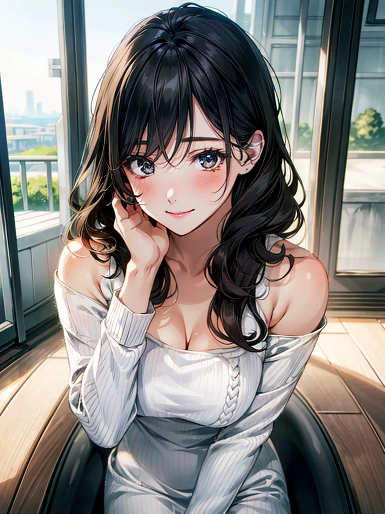 (masterpiece:1.3, Highest quality, Ultra-high resolution, Super detailed), (Realistic, photoRealistic:1.4), Beautiful illustrations, Perfect lighting, Natural light, colorful, Depth of written boundary, , Beautiful detailed hair, Beautifully detailed face, Beautiful attention to detail, Beautiful clavicle, Beautiful body, Beautiful breasts, Beautiful thighs, Beautiful feet, Beautiful fingers, View your viewers, 1 Girl, Japanese, high School girl, (Perfect Anatomy, Anatomically correct), Cute and symmetrical face, Baby Face, Perfect Face, Perfect Eyes, Shiny skin, thin, (Long Hair:1.7, Wavy Hair:0.8,Black Hair), Hair between the eyes, Long eyelashes, (Large Breasts:0.8, Captivating thighs), ((Long sleeve white knit dress, Black tube top)), (Beautiful views), summer, evening, (School), (Cute smile, Upward glance),