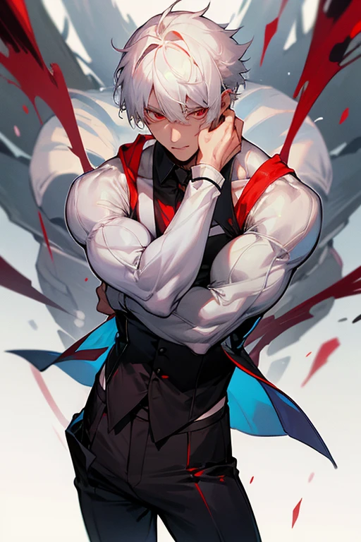 male、White Hair、Short Hair、Red Eye、Cold-blooded man、Handsome、Well-built、Cold Face、Well-formed face、服に滴るsemen、白いドロドロしたLove juice、Pants got wet、Overflowing from the crotch、Red stained ears、Looks like he's in pain、male器、、semen、erection、Love juice