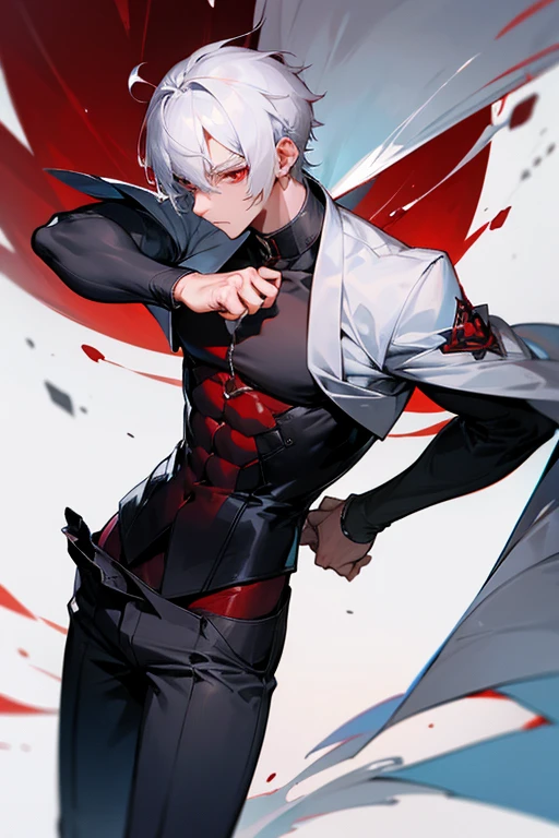 male、White Hair、Short Hair、Red Eye、Cold-blooded man、Handsome、Well-built、Cold Face、Well-formed face、服に滴るsemen、白いドロドロしたLove juice、Pants got wet、Overflowing from the crotch、Red stained ears、Looks like he's in pain、male器、、semen、erection、Love juice