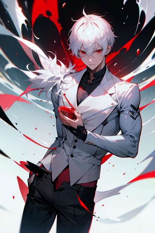 male、White Hair、Short Hair、Red Eye、Cold-blooded man、Handsome、Well-built、Cold Face、Well-formed face、服に滴るsemen、白いドロドロしたLove juice、Pants got wet、Overflowing from the crotch、Red stained ears、Looks like he's in pain、male器、、semen、erection、Love juice