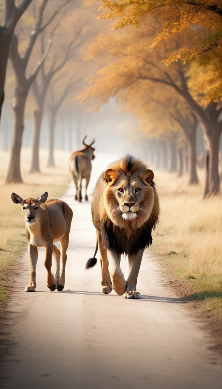 k uhd professional photograph, wide view, Lion and deer are walking, side view