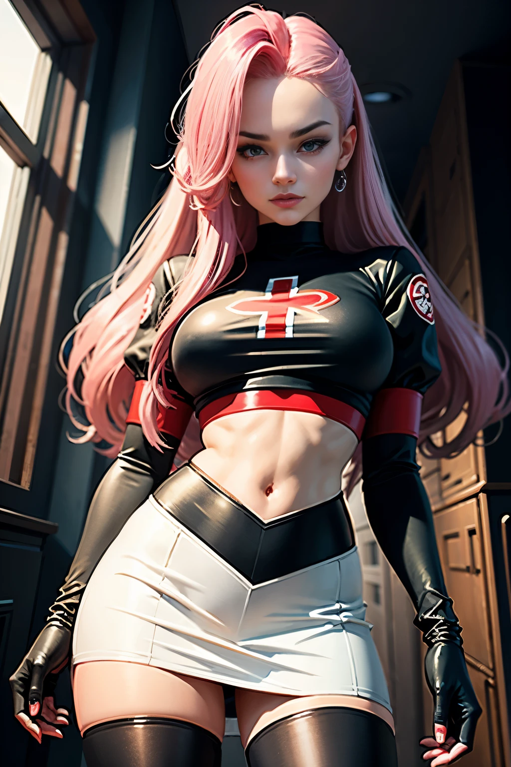 pernillamouritzen, a woman wearing team rocket,team rocket uniform,white skirt,red letter R,crop top,black thigh-highs,black elbow gloves,
