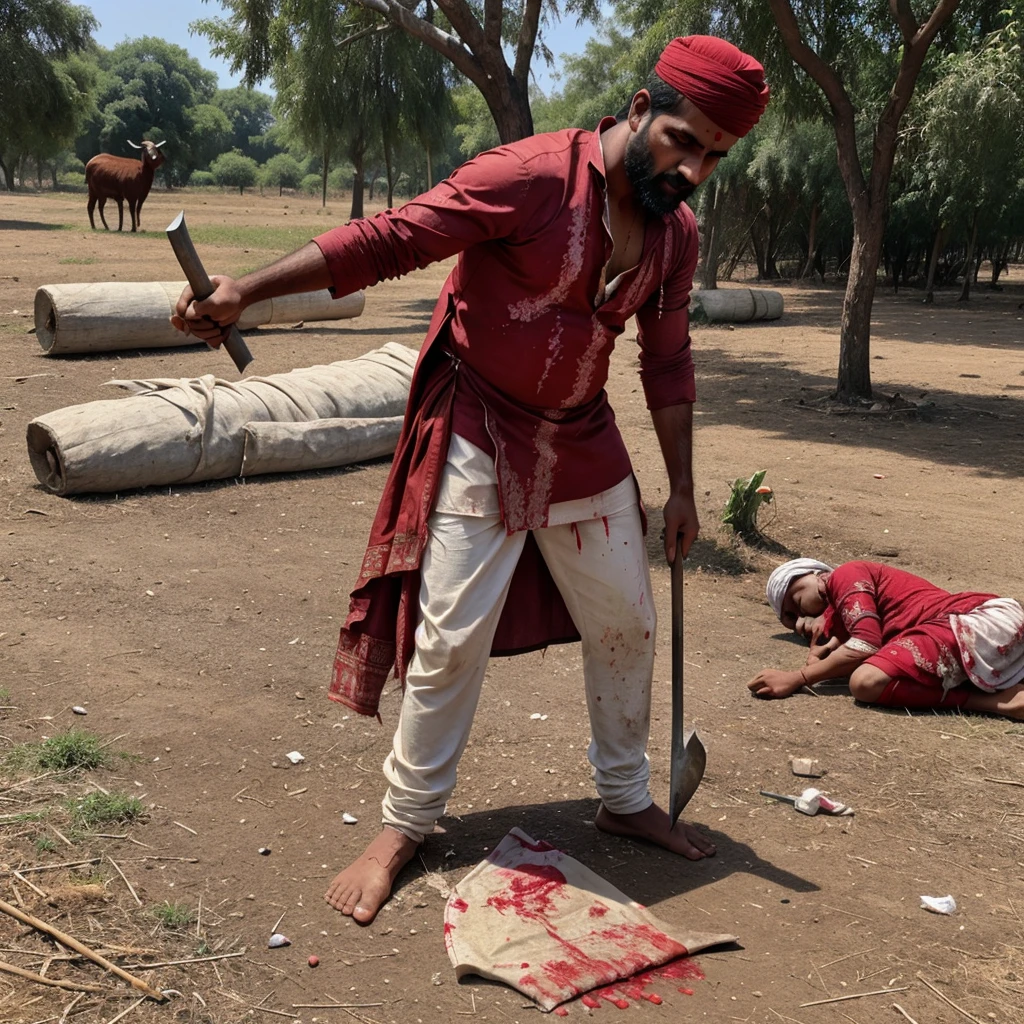 A indian Villen on bloody clothes and Bloody hands Holding up a Bloody Machete Over The Standing Goat neck and blood is all over on Ground written Eid Mubarak on Ground By Blood