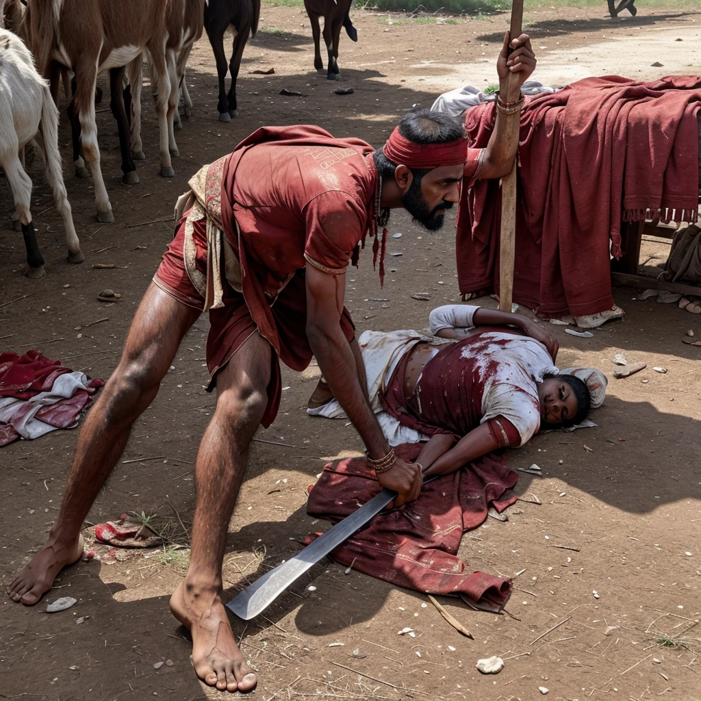 A indian Villen on bloody clothes and Bloody hands Holding up a Bloody Machete Over The Standing Goat neck and blood is all over on Ground written Eid Mubarak on Ground By Blood