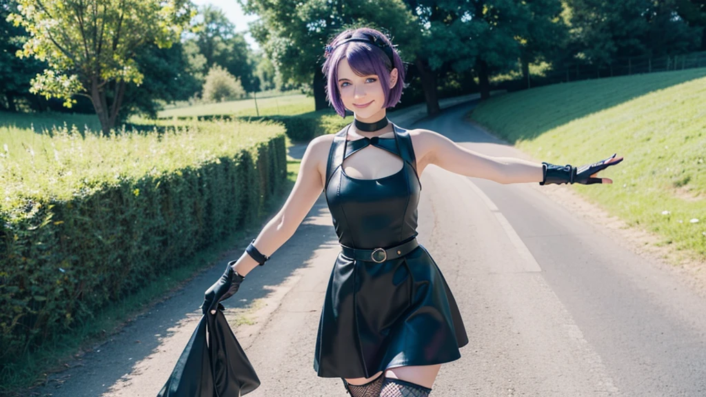 masterpiece, best quality, 1girl, solo, blue eyes, black choker, arm strap, armlet, black dress, halter dress, belt, sleeveless, single glove, thigh strap, walking to the load, medieval village, head rest, smile, purple and short hair, face forward, Fishnet tights, boot, toes