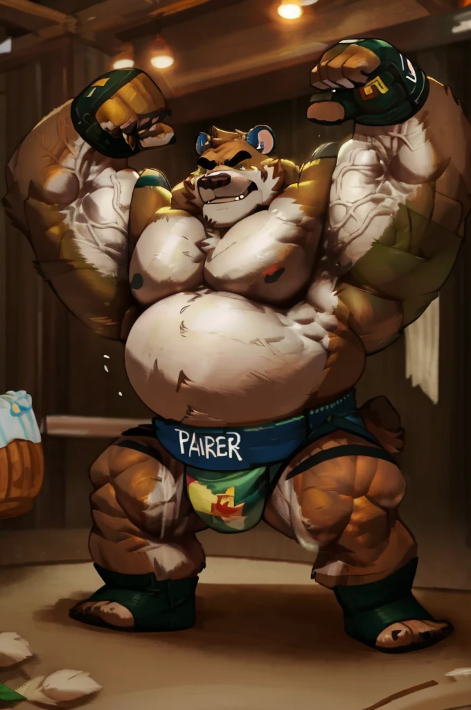Huge muscle-chub strong kodiak brown bear flexing for boxing victory, detailed brown fur and red boxing gloves and black boxing paints with red line, detailed brown fur, veins popping, pectoral, beer belly,