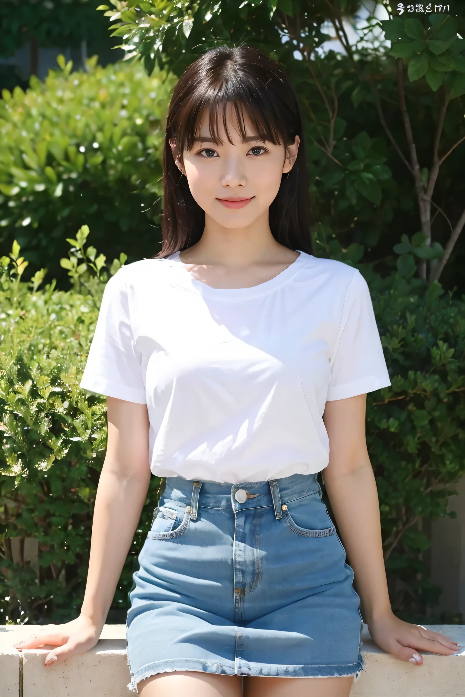 Medium Size Display, Medium Shot, Written boundary depth, bust, Upper Body, Movie angle, masterpiece, Highest quality, Very detailed, CG, 8k wallpaper, Beautiful Face, Delicate eyes, Otome, alone, smile, Divide the salad、cute、White T-shirt,Light blue denim mini skirt
