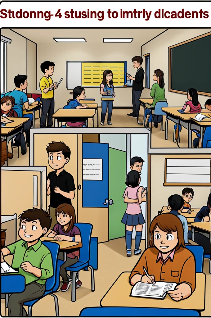 Draw 4 students entering a classroom in comic style. 